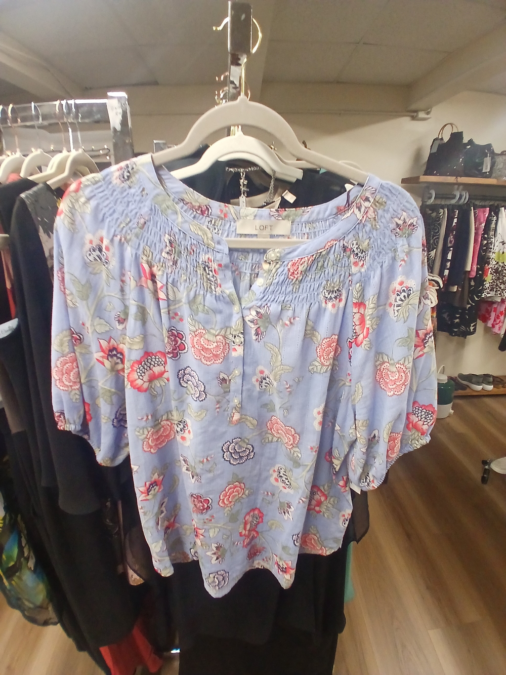 LOFT Pastel Blue Floral Smocked Blouse